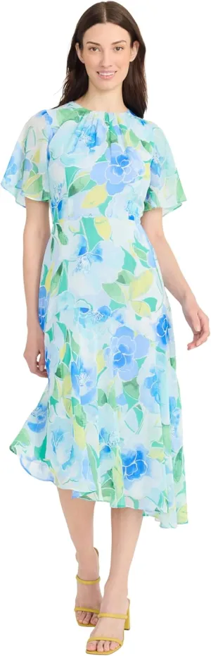 Maggy London Women's Short Flutter Sleeve Fit and Flare Dress with Asymmetric Hem Tier