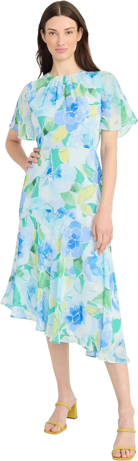 Maggy London Women's Short Flutter Sleeve Fit and Flare Dress with Asymmetric Hem Tier