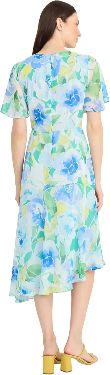 Maggy London Women's Short Flutter Sleeve Fit and Flare Dress with Asymmetric Hem Tier