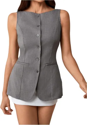 MakeMeChic Women's Boat Neck Button Down Vest Sleeveless Work Office Dressy Blazer Vests