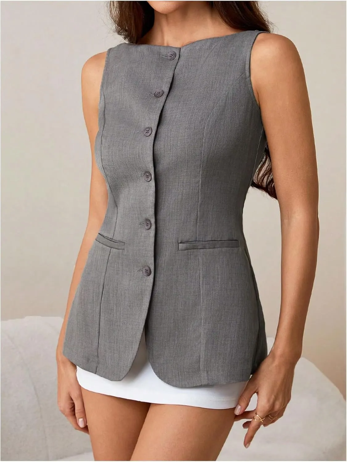 MakeMeChic Women's Boat Neck Button Down Vest Sleeveless Work Office Dressy Blazer Vests