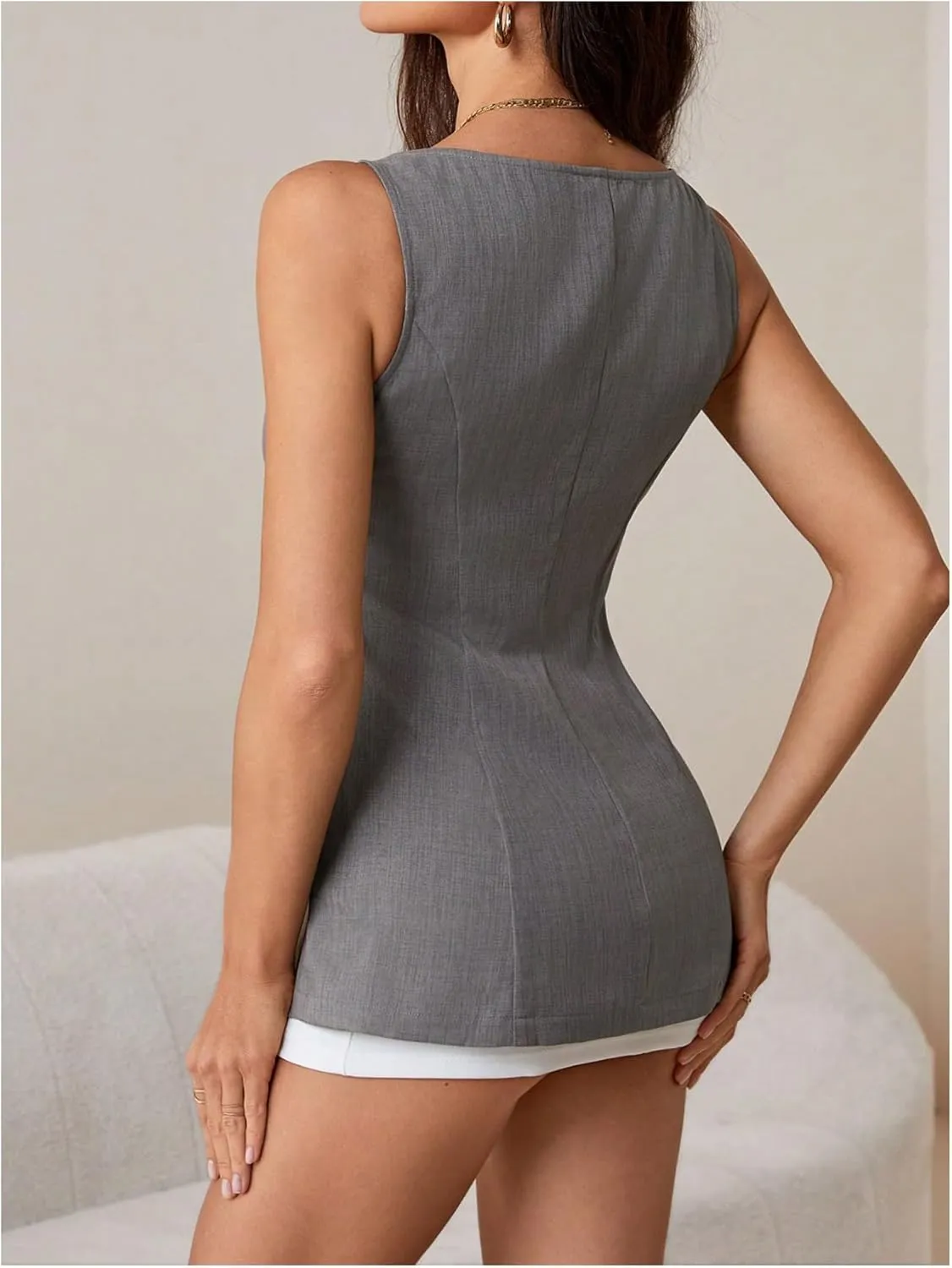 MakeMeChic Women's Boat Neck Button Down Vest Sleeveless Work Office Dressy Blazer Vests