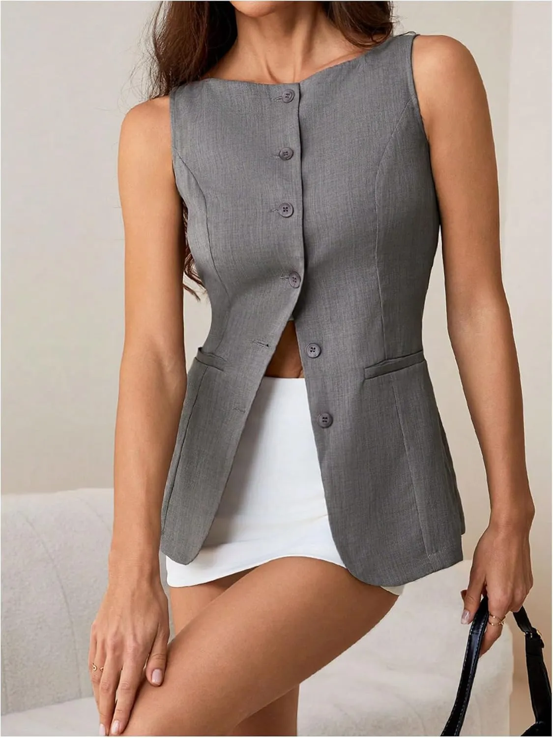 MakeMeChic Women's Boat Neck Button Down Vest Sleeveless Work Office Dressy Blazer Vests
