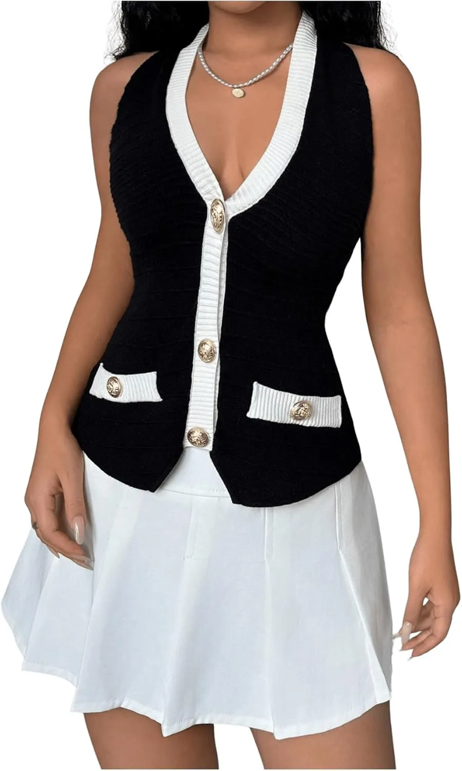 MakeMeChic Women's Color Block Sweater Vests Backless Sleeveless Button Down Halter Knit Tops