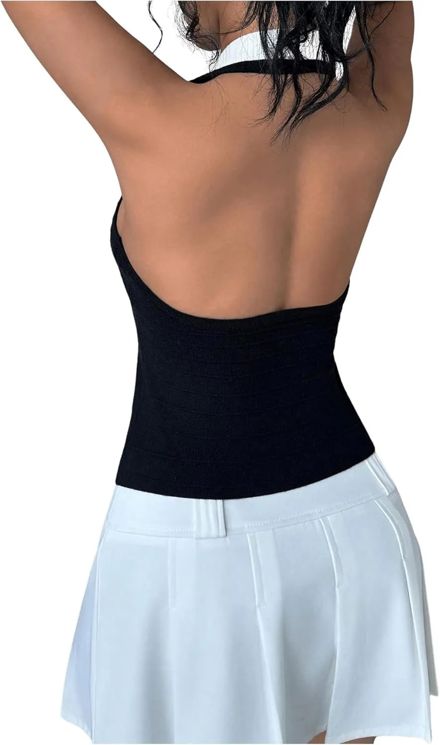 MakeMeChic Women's Color Block Sweater Vests Backless Sleeveless Button Down Halter Knit Tops