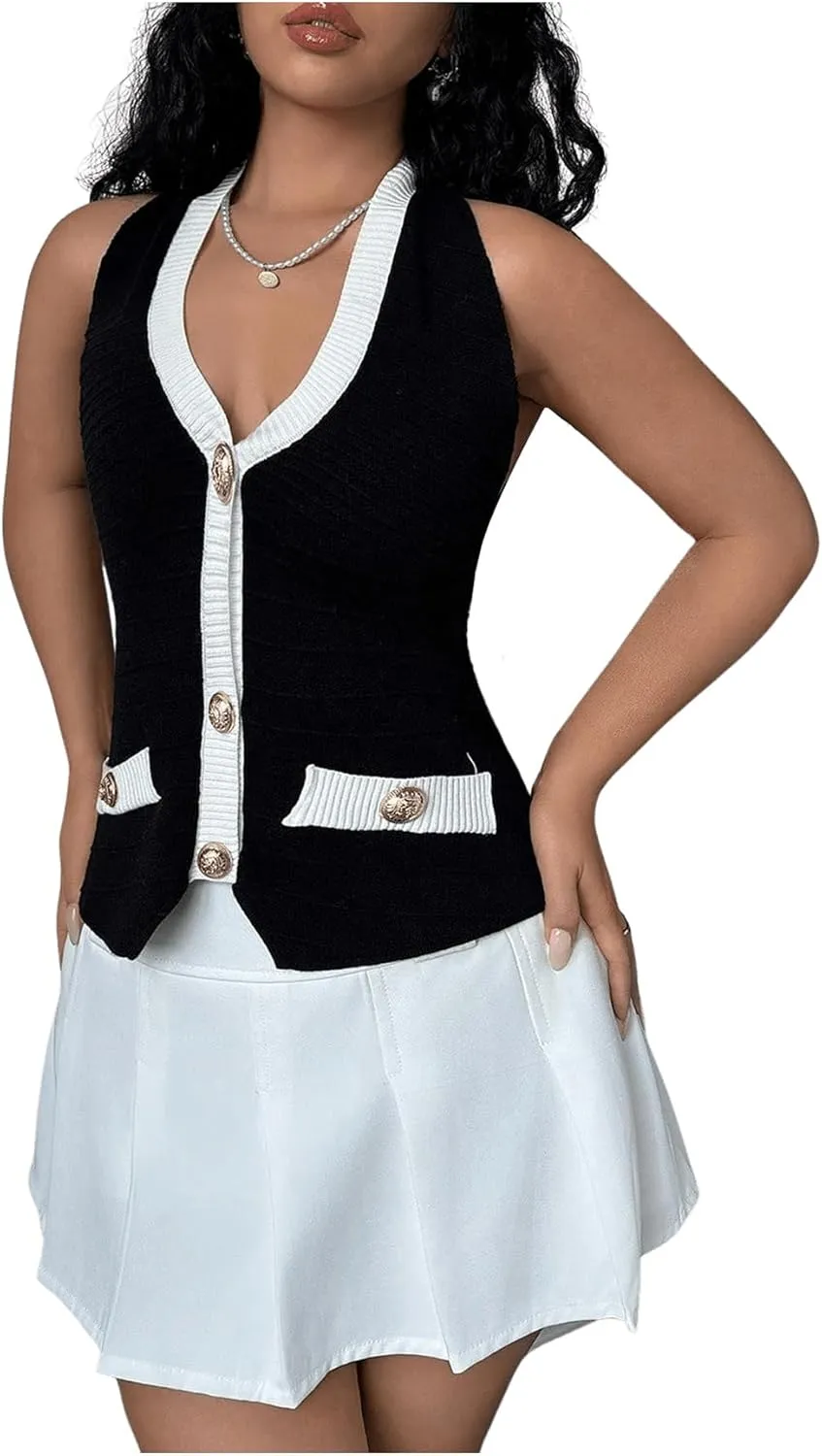 MakeMeChic Women's Color Block Sweater Vests Backless Sleeveless Button Down Halter Knit Tops