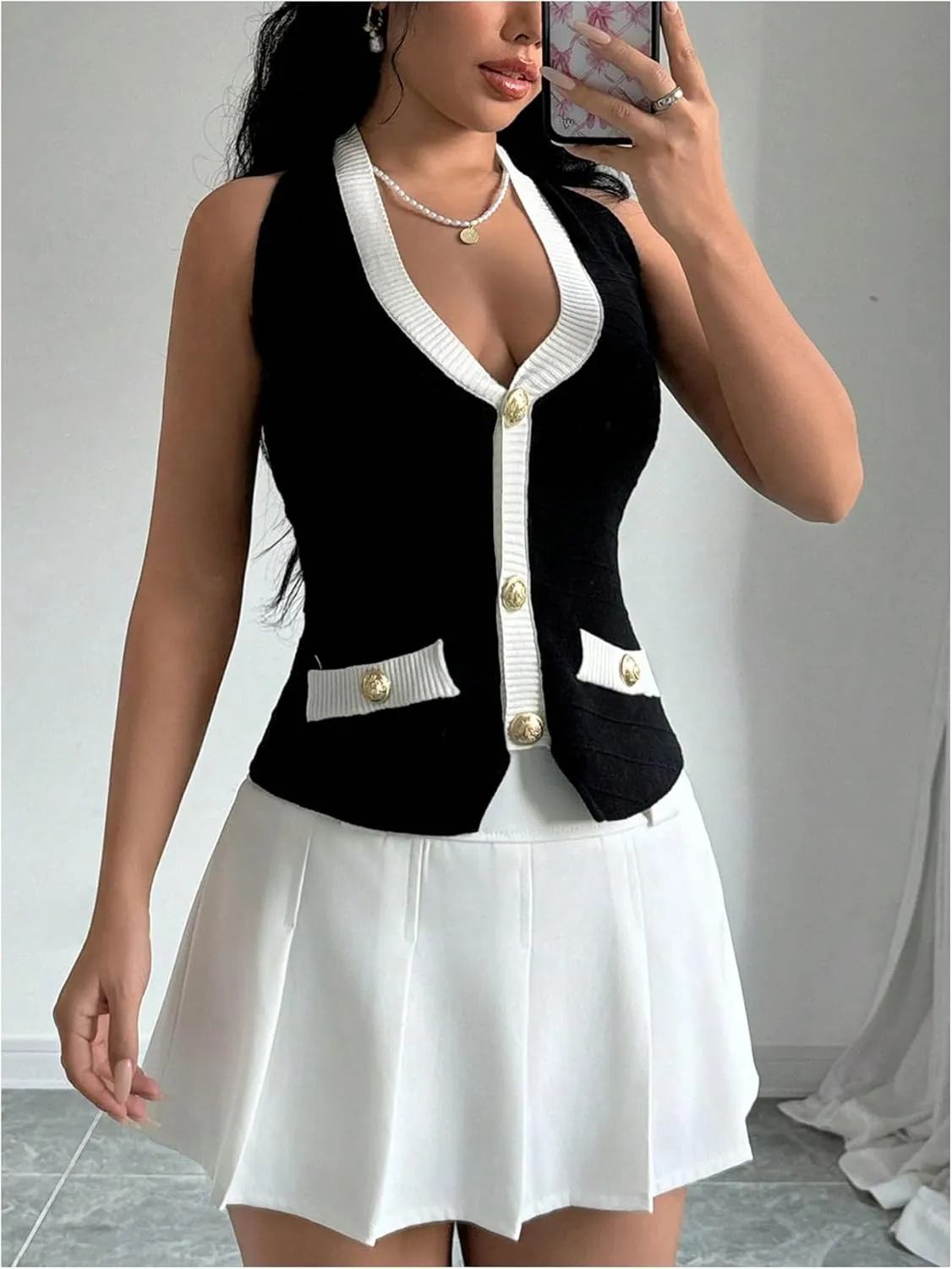 MakeMeChic Women's Color Block Sweater Vests Backless Sleeveless Button Down Halter Knit Tops