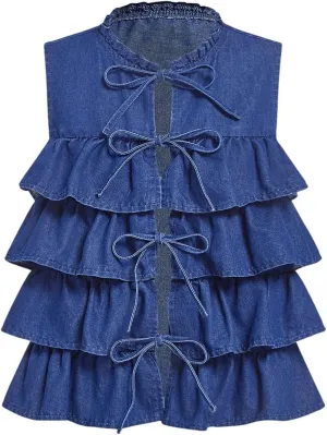 MakeMeChic Women's Denim Vest Bow Tie Front Ruffle Tiered Sleeveless Vests