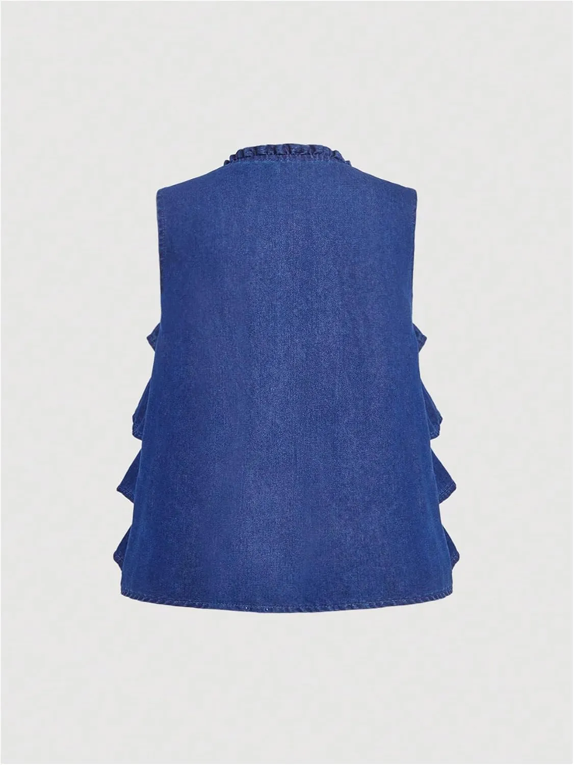MakeMeChic Women's Denim Vest Bow Tie Front Ruffle Tiered Sleeveless Vests
