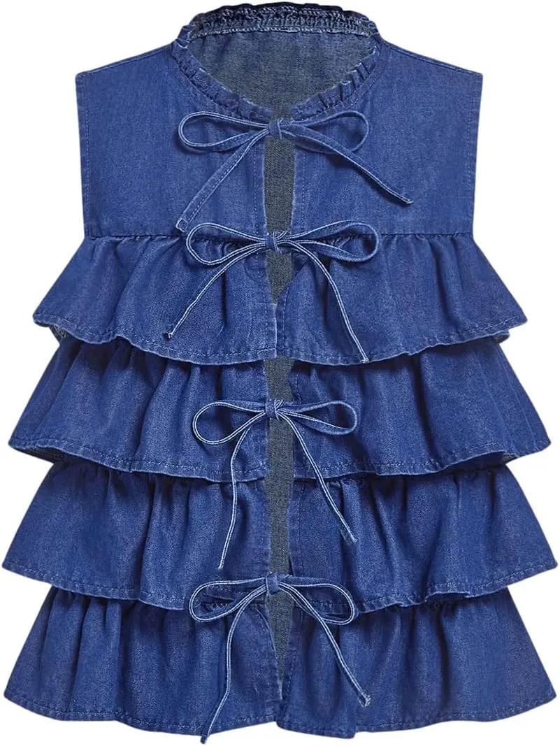 MakeMeChic Women's Denim Vest Bow Tie Front Ruffle Tiered Sleeveless Vests