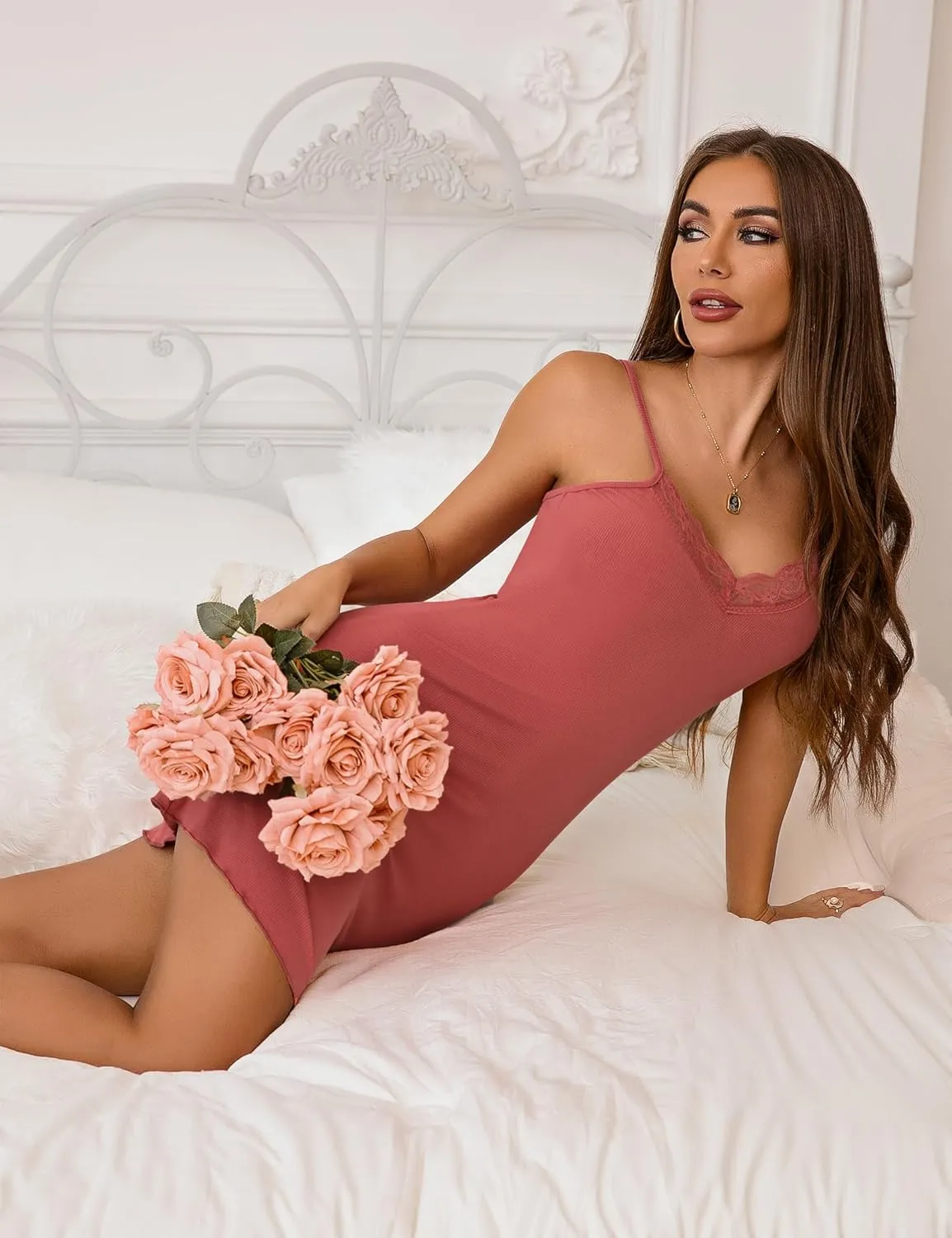 Marvmys Women's Lace Trim Chemise Nightgown Spaghetti Strap Night Slip Dress Ribbed Knit Nighties Sleepwear