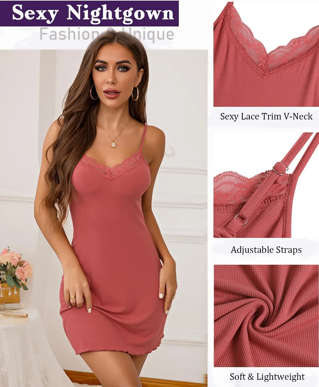 Marvmys Women's Lace Trim Chemise Nightgown Spaghetti Strap Night Slip Dress Ribbed Knit Nighties Sleepwear