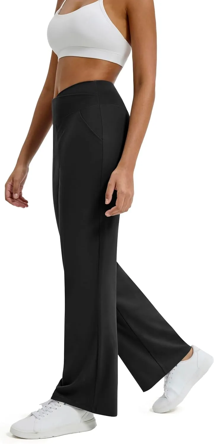 Maxbee Wide Leg Pants for Women Casual Work Pants Crossover High Waisted Yoga Pants with Pockets