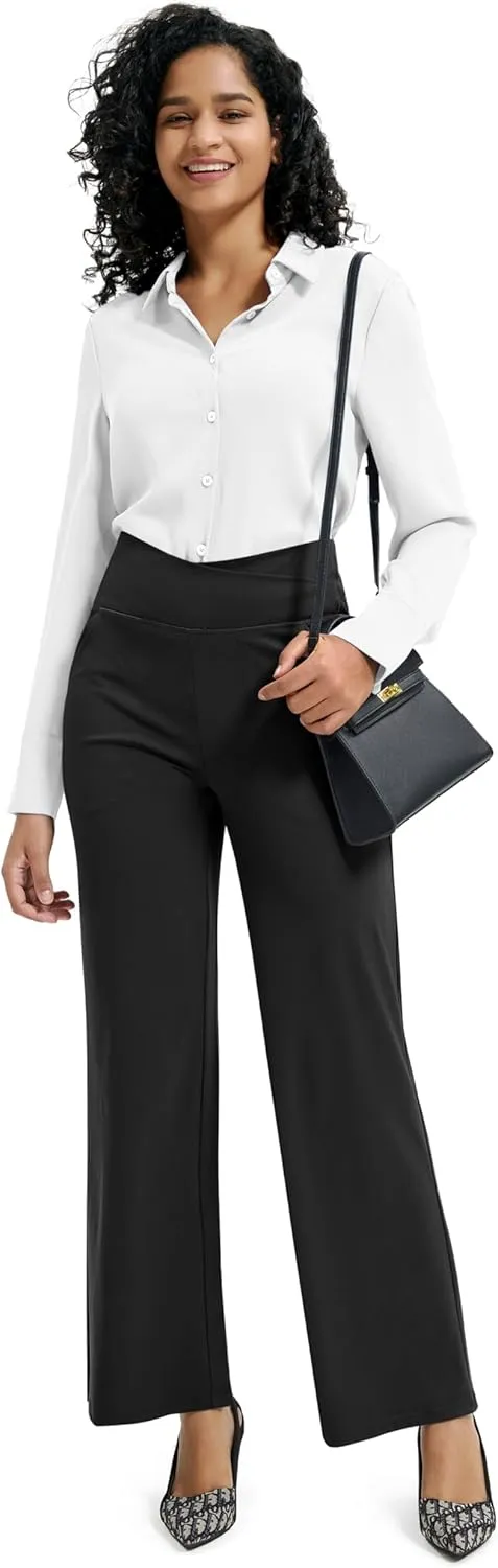 Maxbee Wide Leg Pants for Women Casual Work Pants Crossover High Waisted Yoga Pants with Pockets