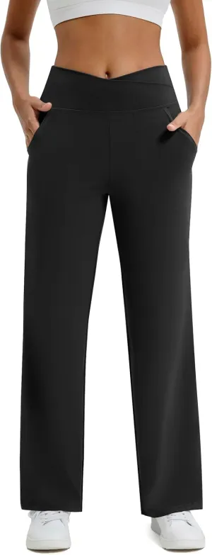 Maxbee Wide Leg Pants for Women Casual Work Pants Crossover High Waisted Yoga Pants with Pockets