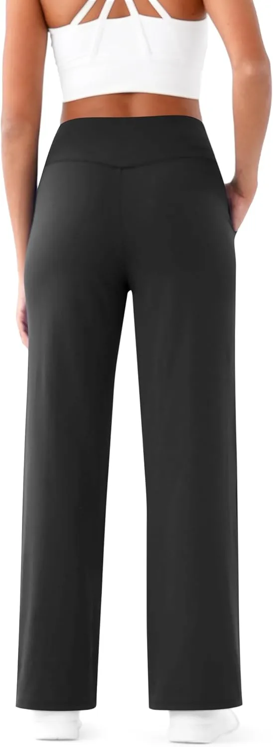 Maxbee Wide Leg Pants for Women Casual Work Pants Crossover High Waisted Yoga Pants with Pockets