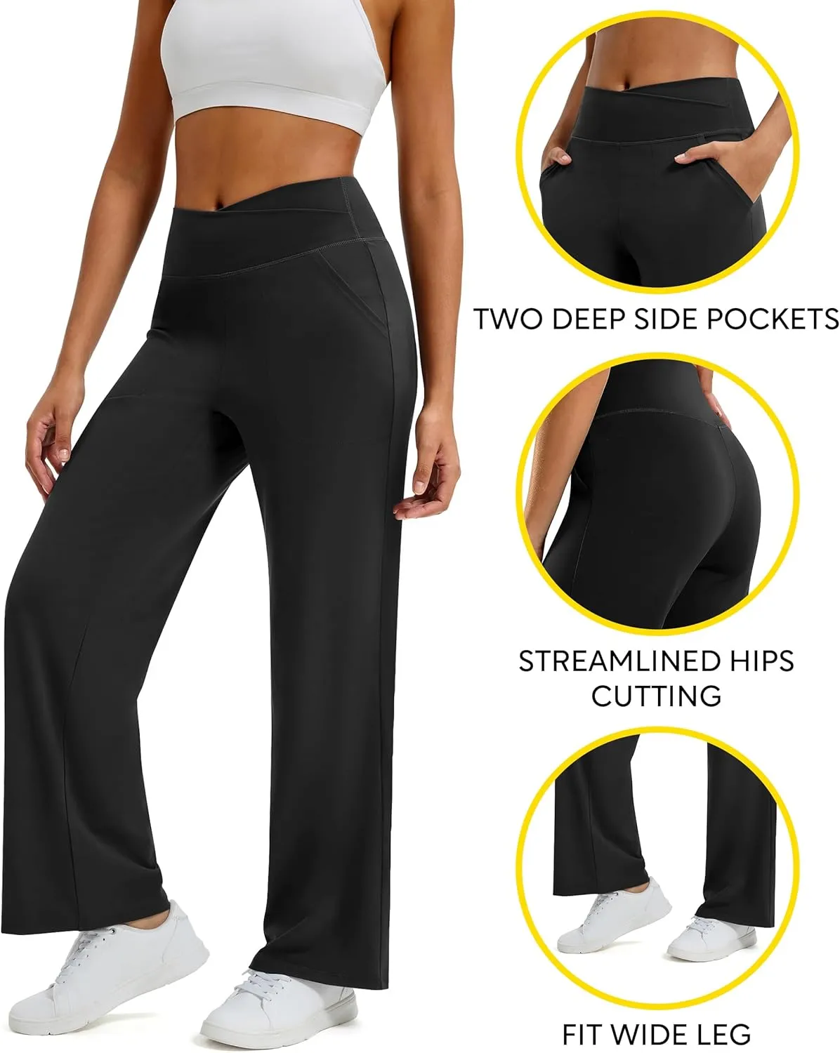 Maxbee Wide Leg Pants for Women Casual Work Pants Crossover High Waisted Yoga Pants with Pockets
