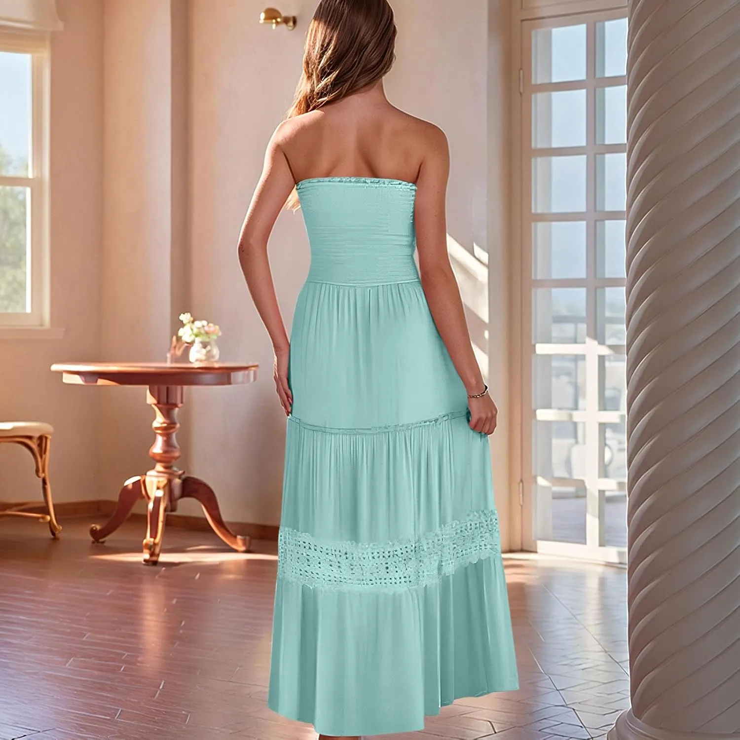 Maxi Dresses for Women 2025 Summer Boho Strapless Long Dresses Trendy Off Shoulder Smocked Lace Trim Maxi Dress 2025