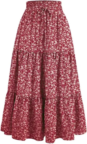 Maxi Skirt for Women Boho Long Beach Skirts Summer Spring Floral High Waisted Elastic Tiered Swing Skirt