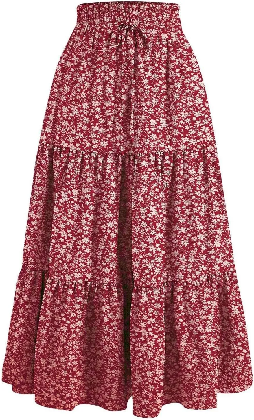 Maxi Skirt for Women Boho Long Beach Skirts Summer Spring Floral High Waisted Elastic Tiered Swing Skirt