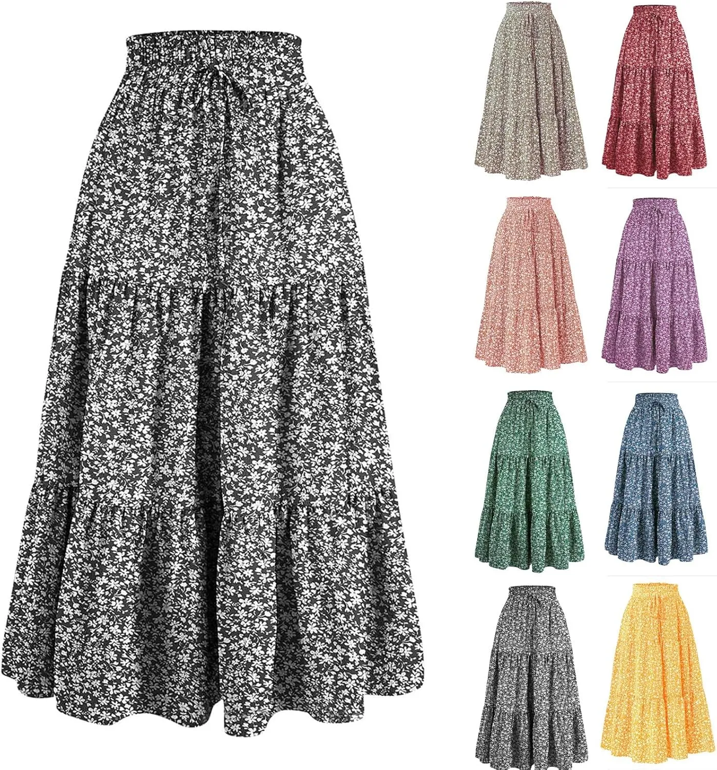 Maxi Skirt for Women Boho Long Beach Skirts Summer Spring Floral High Waisted Elastic Tiered Swing Skirt