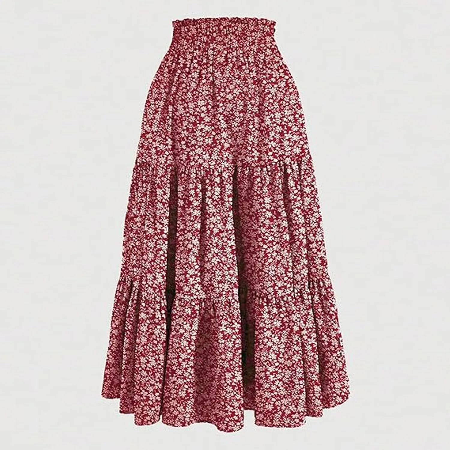 Maxi Skirt for Women Boho Long Beach Skirts Summer Spring Floral High Waisted Elastic Tiered Swing Skirt