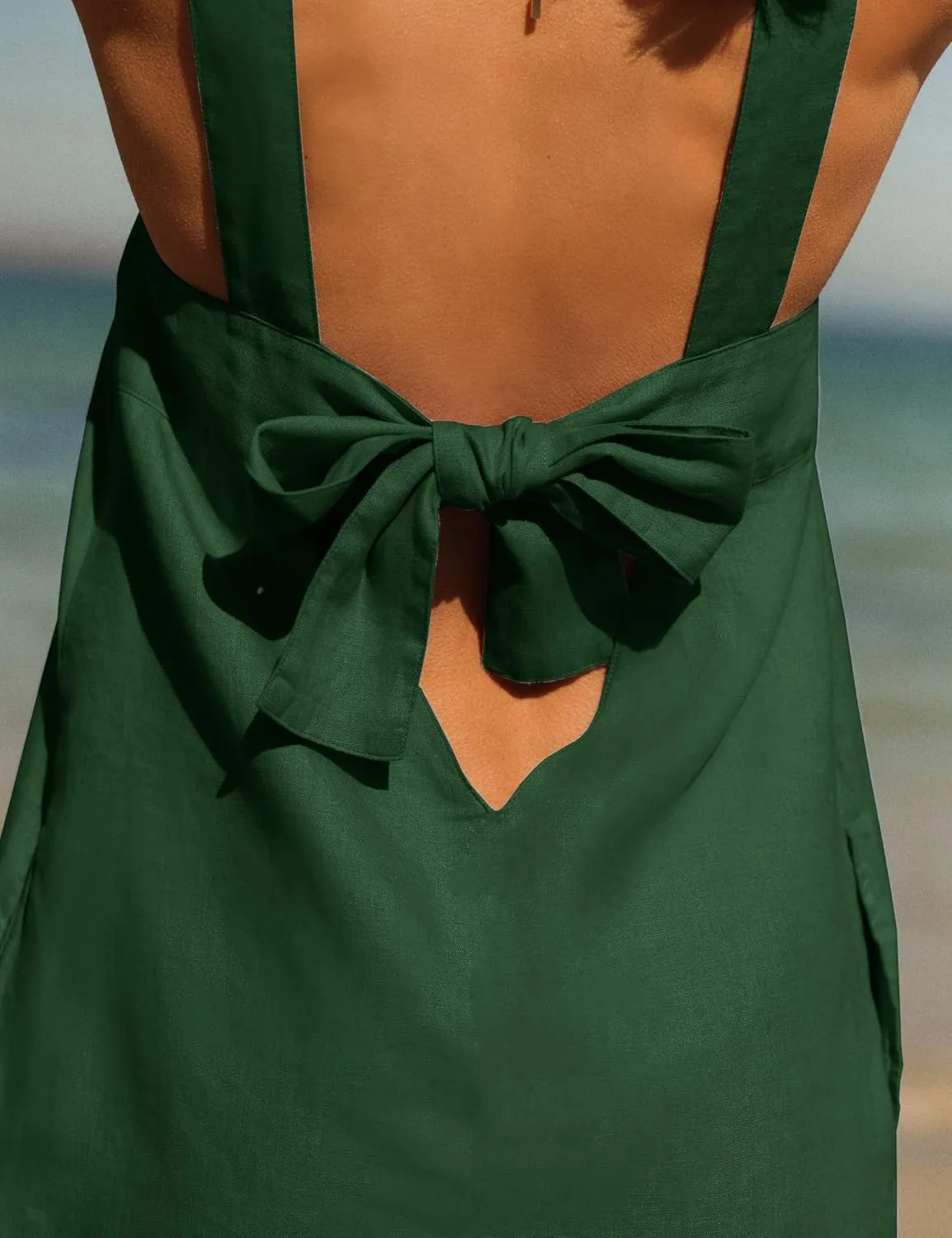 Melliflo Bow Cotton Linen Mini Dress Crew Neck Sleeveless Backless Tank Dress with Pockets Summer Cute Short Beach Sundress
