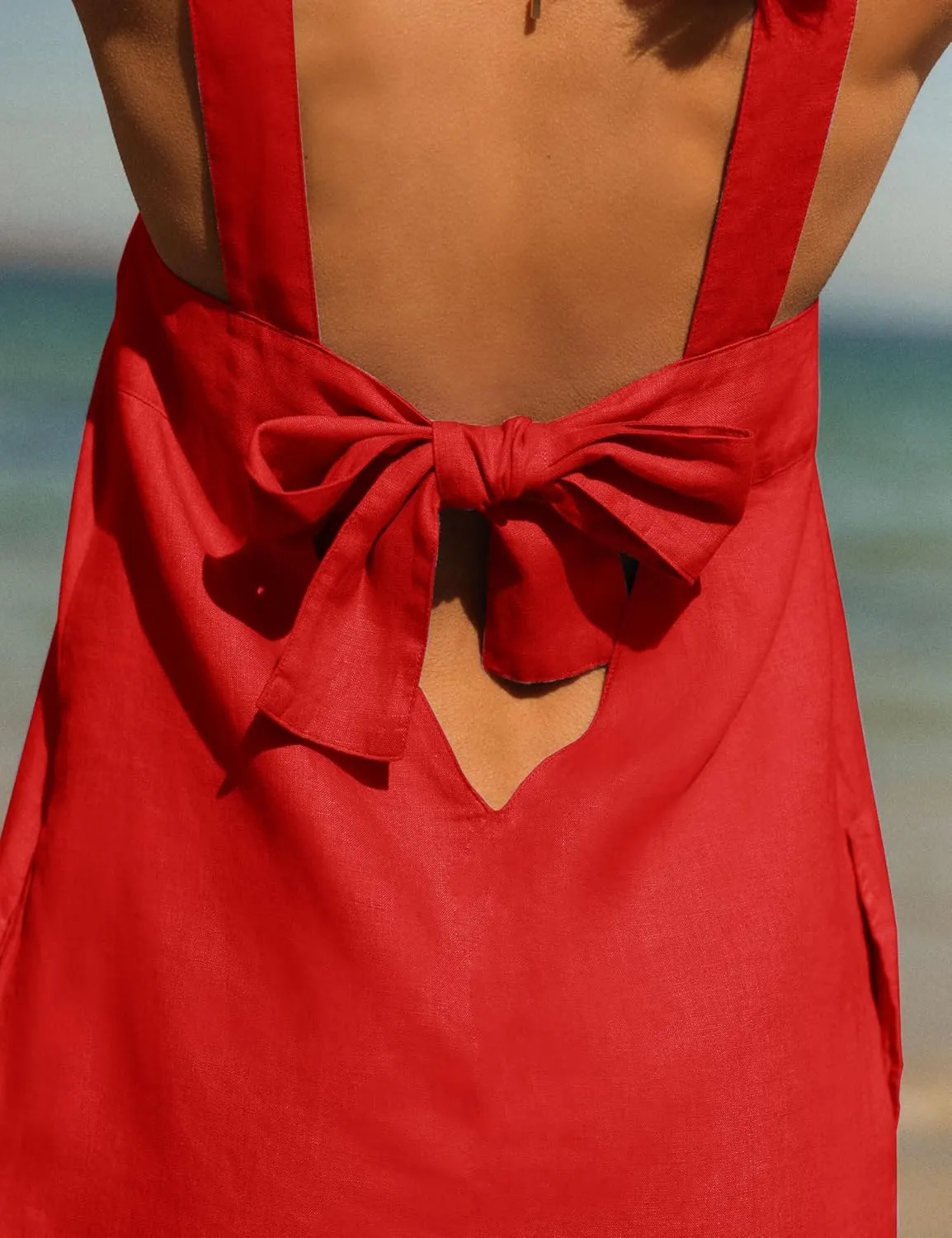 Melliflo Bow Cotton Linen Mini Dress Crew Neck Sleeveless Backless Tank Dress with Pockets Summer Cute Short Beach Sundress