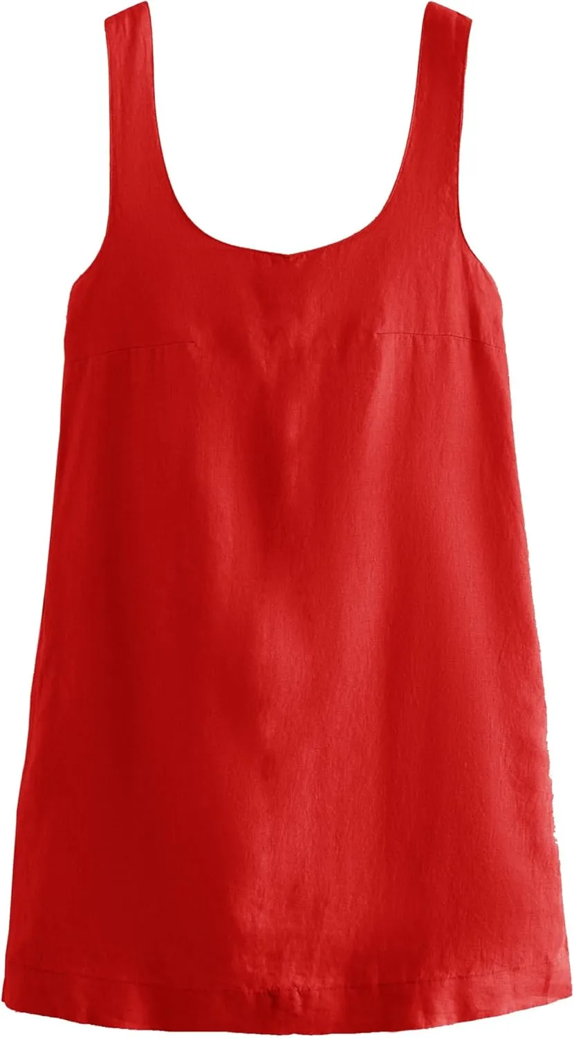 Melliflo Bow Cotton Linen Mini Dress Crew Neck Sleeveless Backless Tank Dress with Pockets Summer Cute Short Beach Sundress