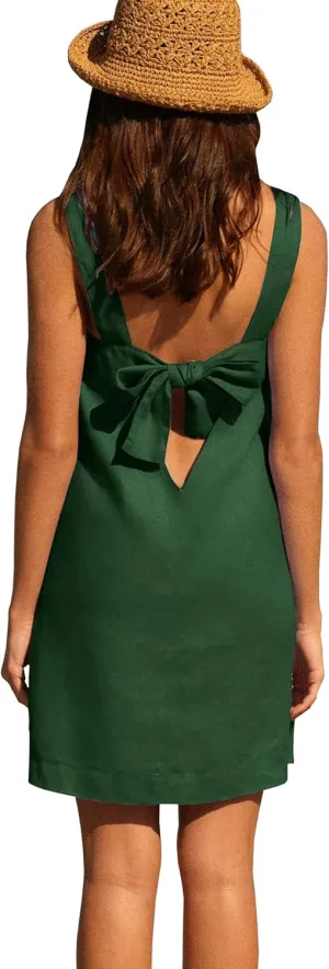 Melliflo Bow Cotton Linen Mini Dress Crew Neck Sleeveless Backless Tank Dress with Pockets Summer Cute Short Beach Sundress