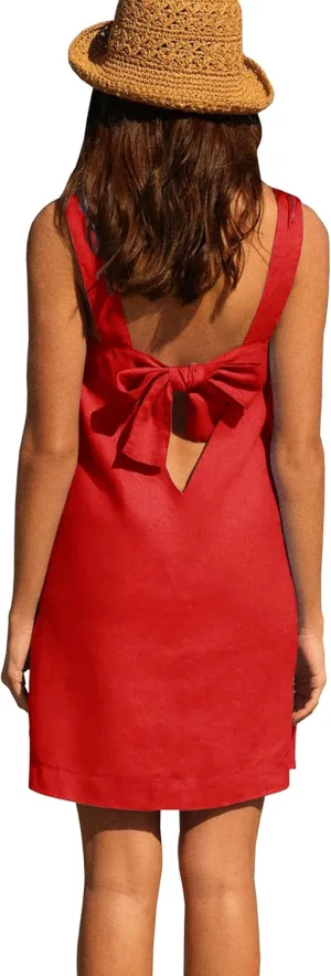 Melliflo Bow Cotton Linen Mini Dress Crew Neck Sleeveless Backless Tank Dress with Pockets Summer Cute Short Beach Sundress