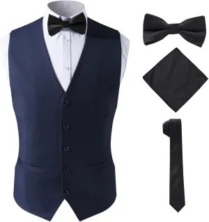 Men's 4pc Classic Jacquard Suit Vests with Tuxedo Necktie Handkerchief Bowtie Set