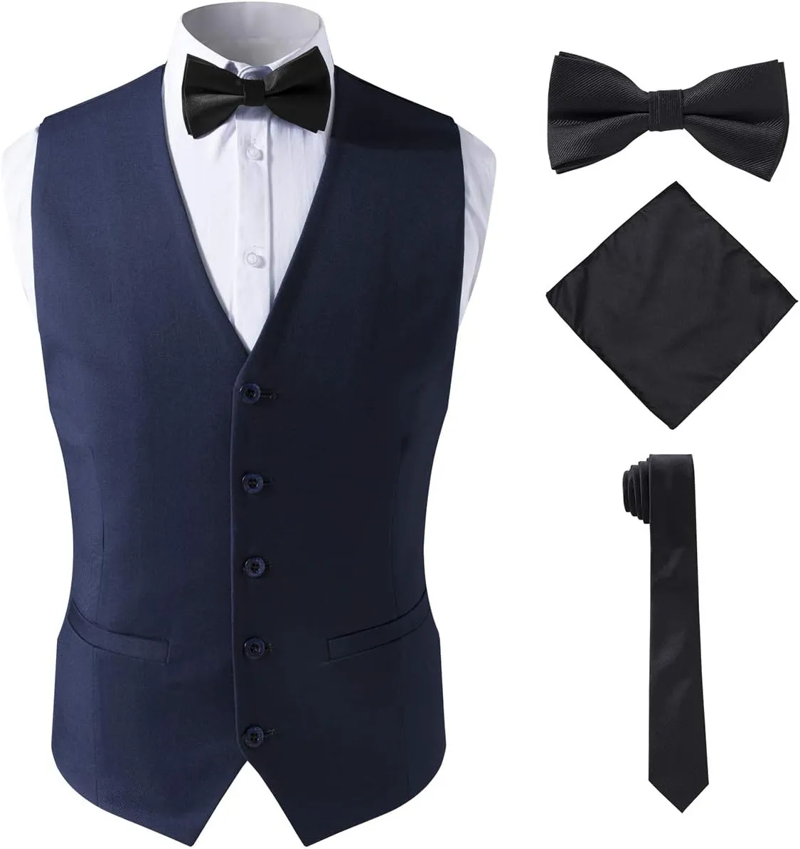 Men's 4pc Classic Jacquard Suit Vests with Tuxedo Necktie Handkerchief Bowtie Set