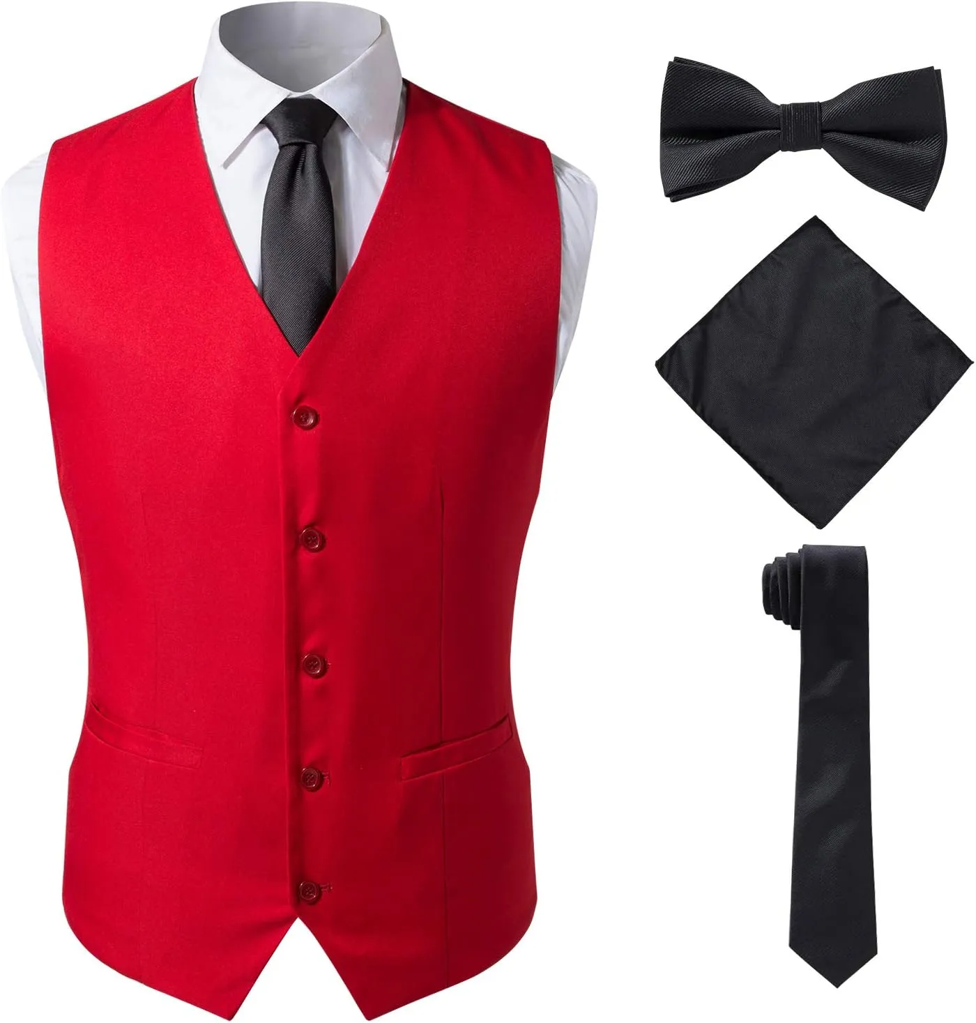 Men's 4pc Classic Jacquard Suit Vests with Tuxedo Necktie Handkerchief Bowtie Set
