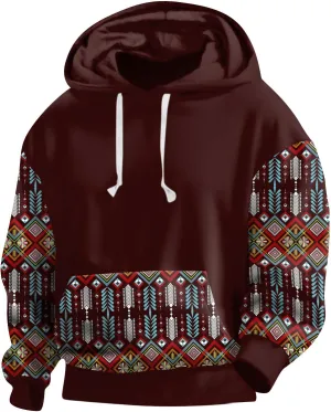 Men's Aztec Sweatshirts Hoodies Vintage Ethnic Print Heavy Weight Hooded Pullover with Kangaroo Pocket