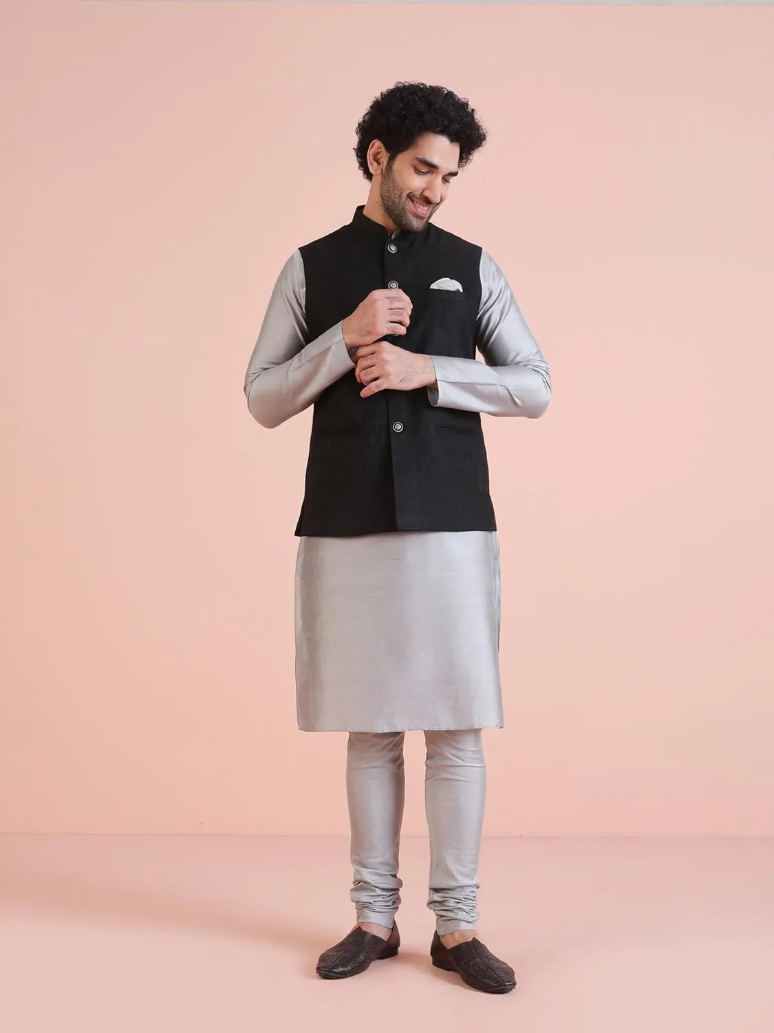 Men's Jacquard Silk/Cotton Blend Nehru Jacket- Traditional Indian Waistcoat for Weddings & Royal Parties