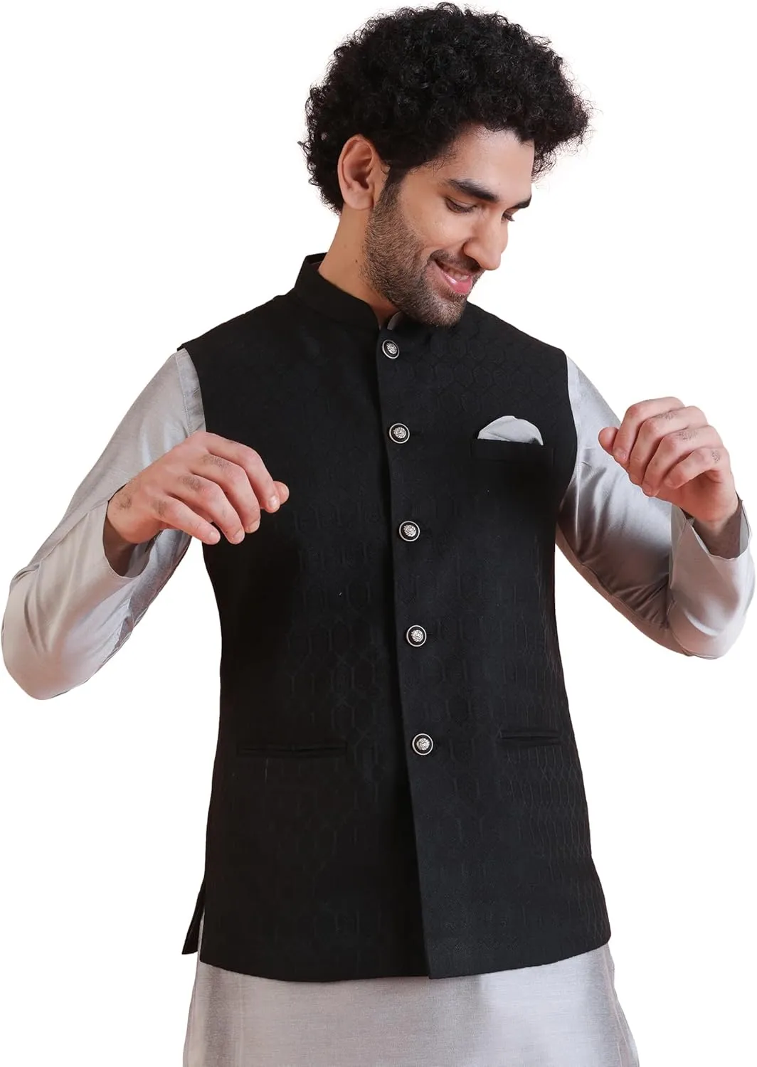 Men's Jacquard Silk/Cotton Blend Nehru Jacket- Traditional Indian Waistcoat for Weddings & Royal Parties
