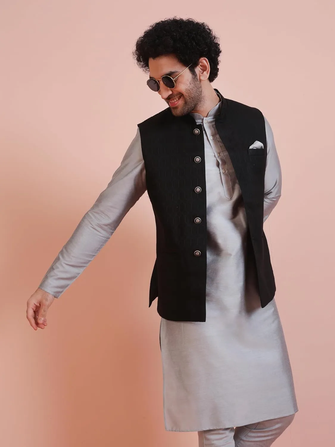 Men's Jacquard Silk/Cotton Blend Nehru Jacket- Traditional Indian Waistcoat for Weddings & Royal Parties