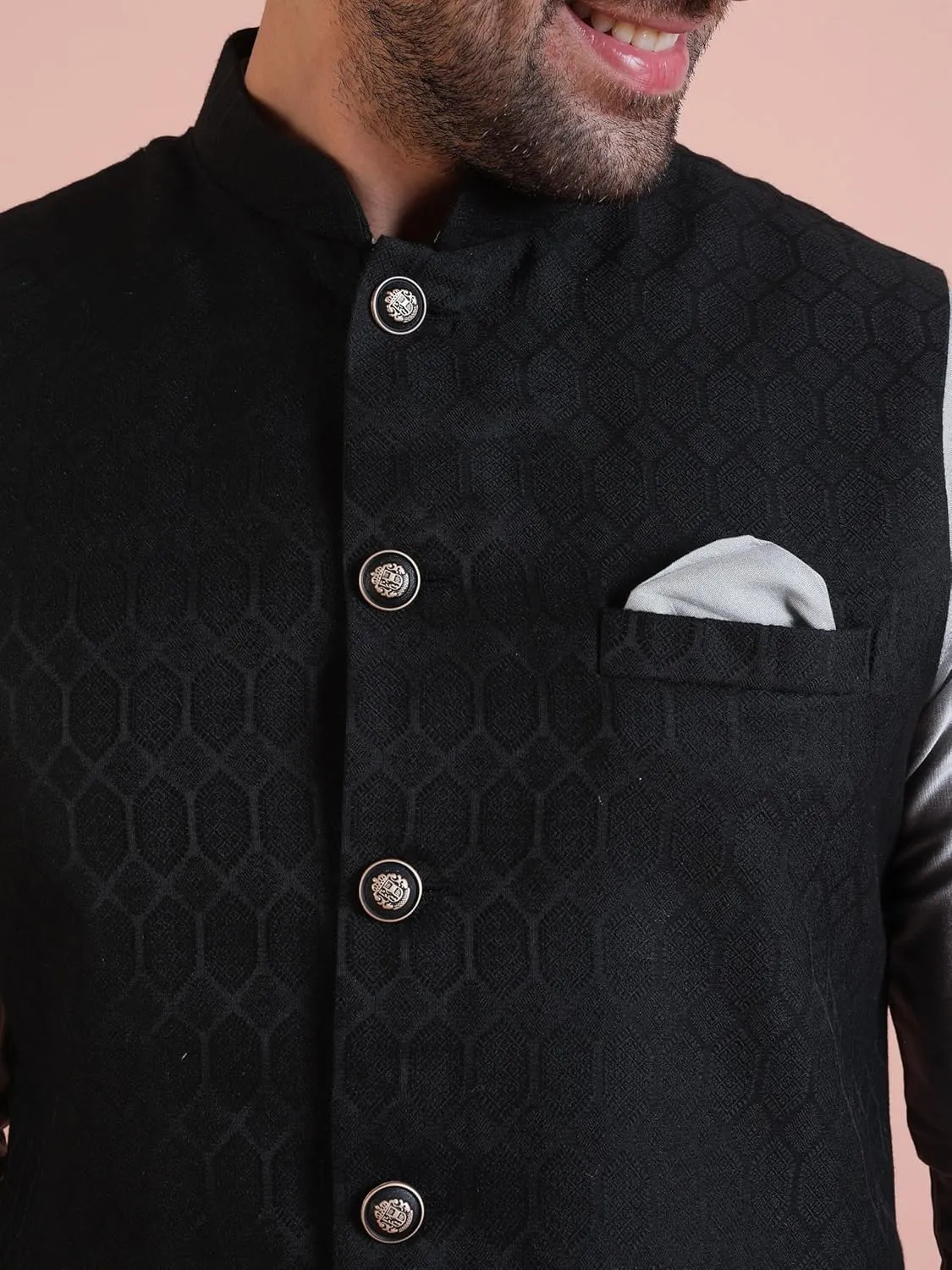 Men's Jacquard Silk/Cotton Blend Nehru Jacket- Traditional Indian Waistcoat for Weddings & Royal Parties