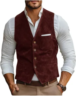 Men's V-Neck Suede Leather Suit Vest Slim Fit Western Cowboy Waistcoats for Wedding Party