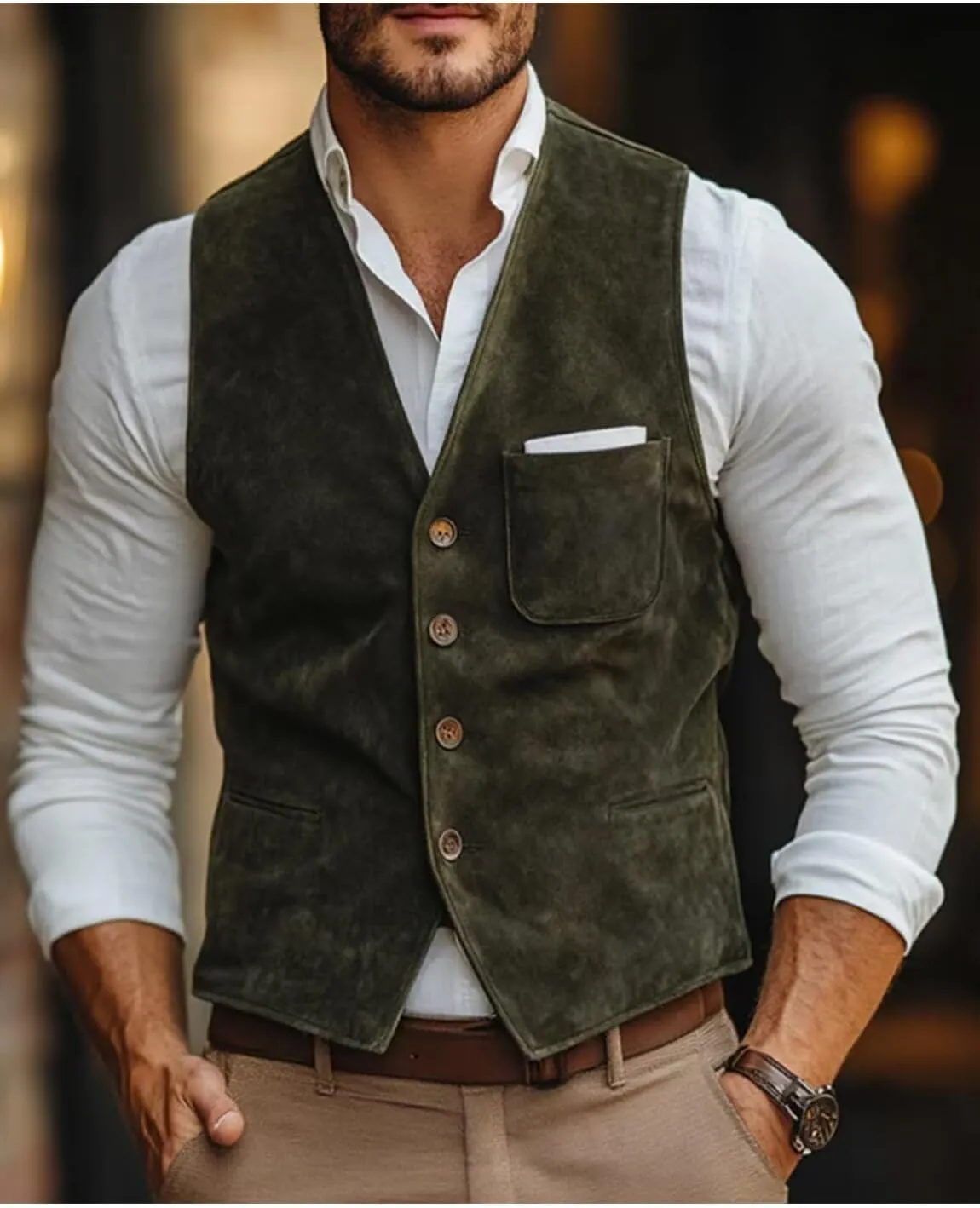 Men's V-Neck Suede Leather Suit Vest Slim Fit Western Cowboy Waistcoats for Wedding Party