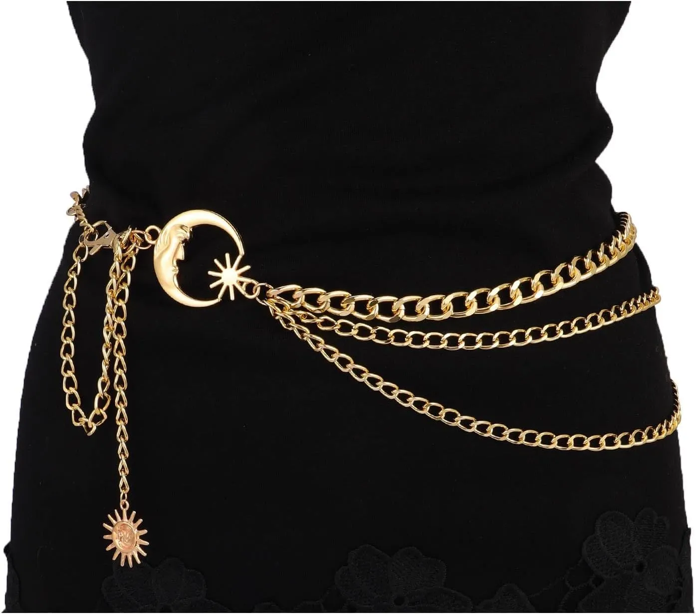 MILAKOO 3 Layered Metal Waist Chain Belt for Women Moon & Sun Belly Belt Body Chain Jewelry for Dress Jeans