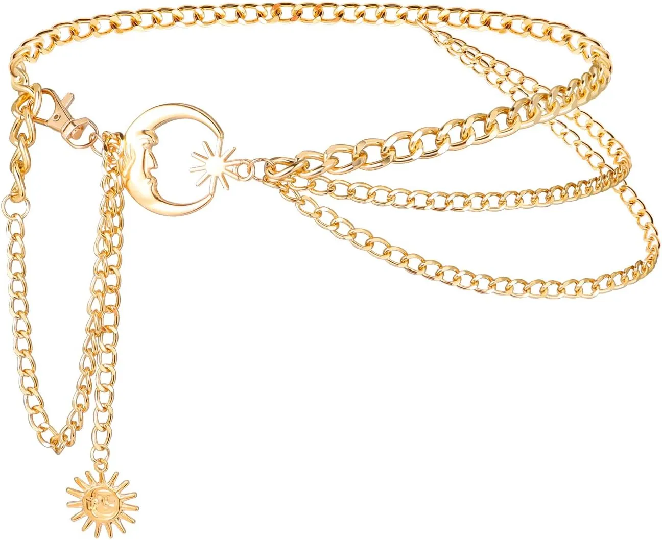 MILAKOO 3 Layered Metal Waist Chain Belt for Women Moon & Sun Belly Belt Body Chain Jewelry for Dress Jeans