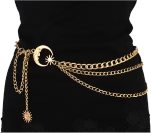 MILAKOO 3 Layered Metal Waist Chain Belt for Women Moon & Sun Belly Belt Body Chain Jewelry for Dress Jeans