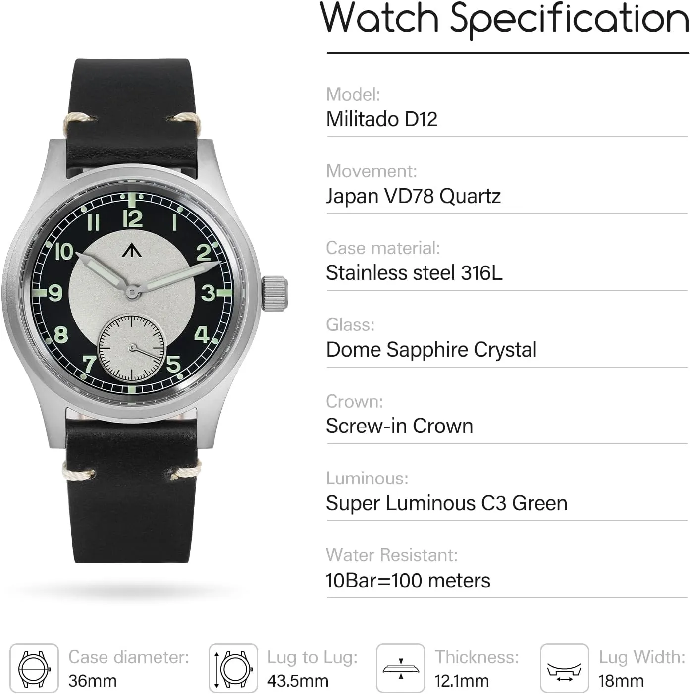 Militado D12 Military Mens Watch VD78 Quartz Sapphire Crystal C3 Super Luminous 36mm Dial Military-Style Dress Watches, 100M Waterproof