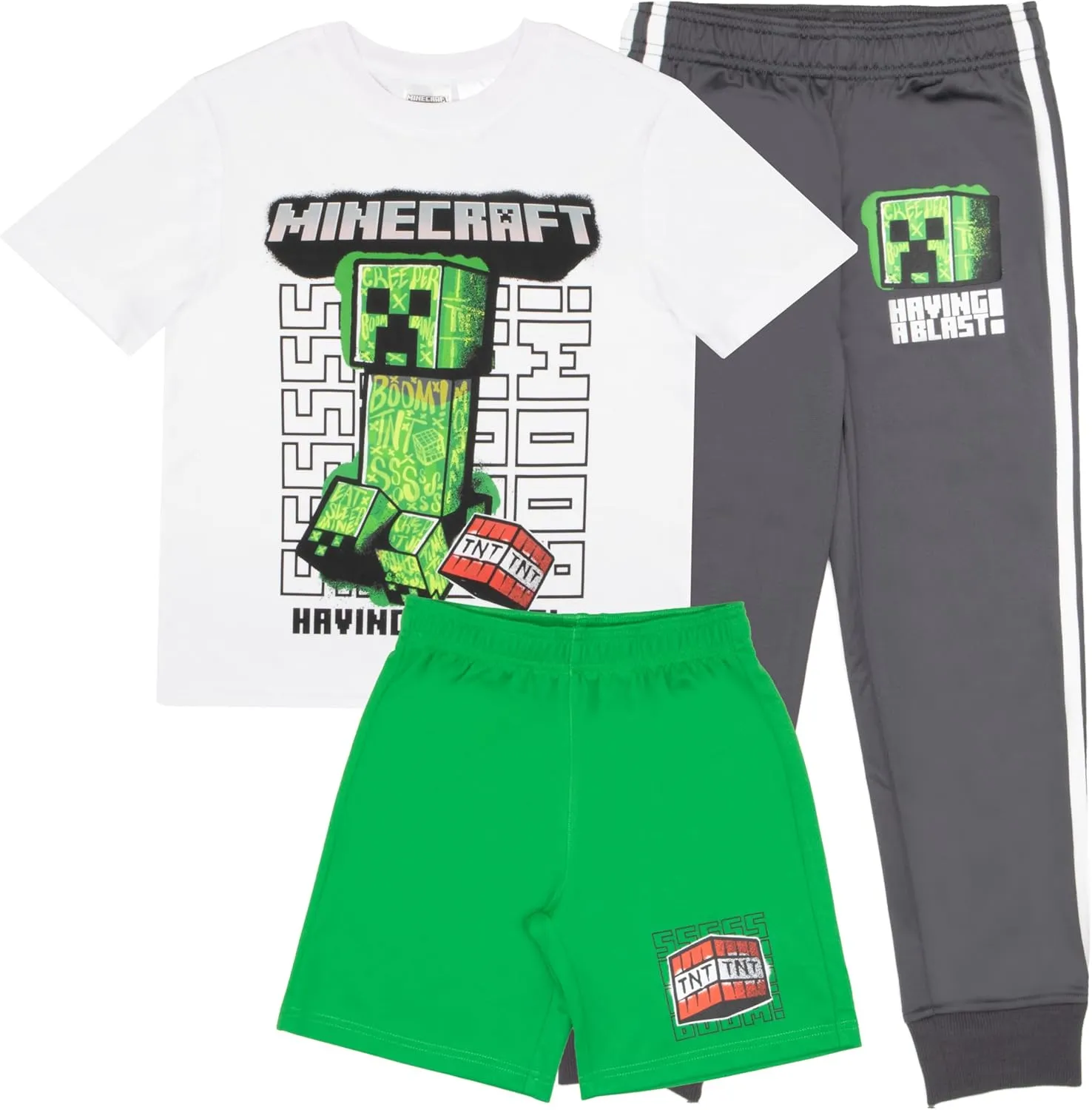 Minecraft Boys 3-Piece Creeper Pants Set - Short Sleeve T-Shirt, Shorts, & Jogger Pants 3-Pack Bundle Set for Boys