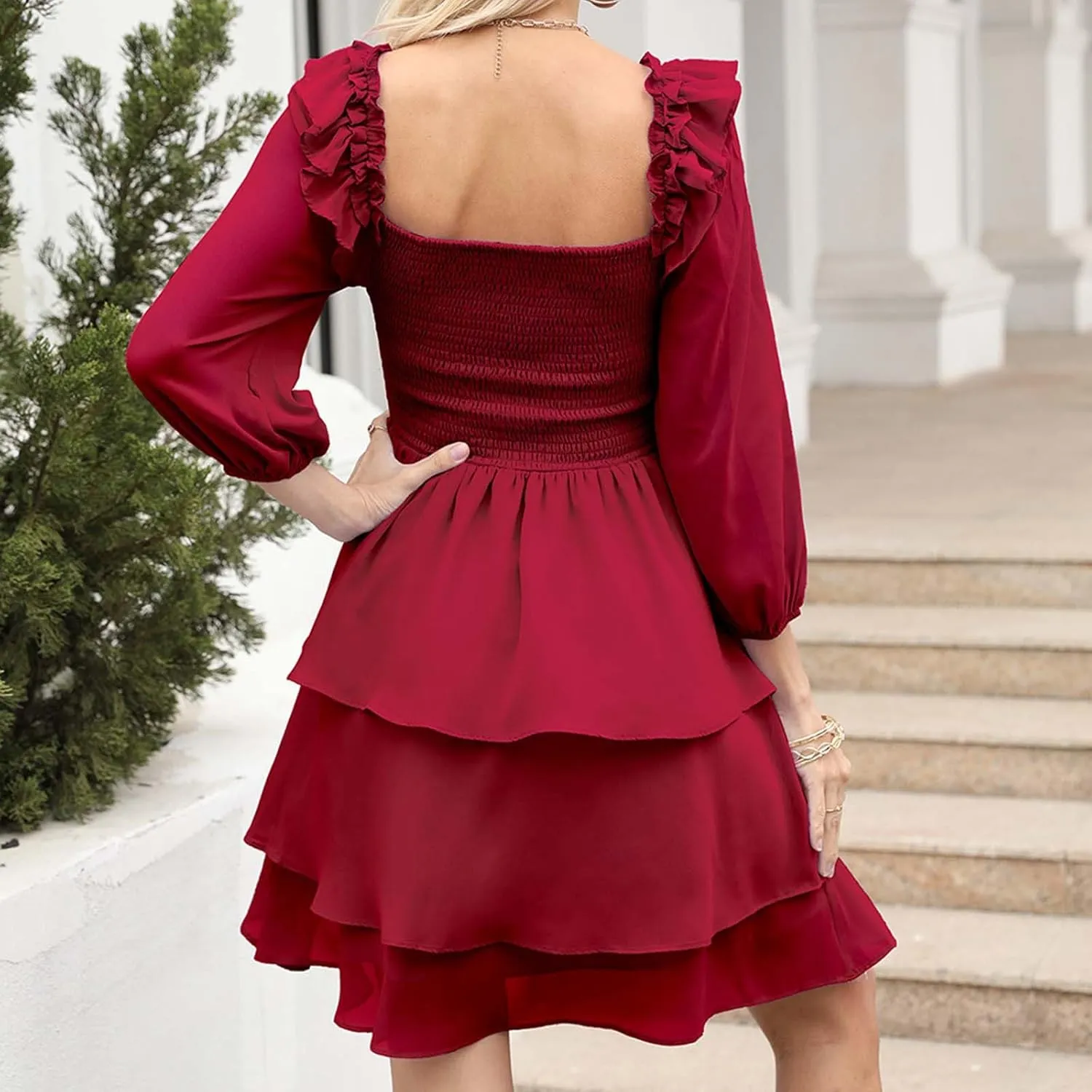 Mini Dresses for Women,Tiered Ruffle Chiffon Midi Dress Summer Long Sleeve Smocked Dress,Elegant Square Neck Dress