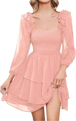 Mini Dresses for Women,Tiered Ruffle Chiffon Midi Dress Summer Long Sleeve Smocked Dress,Elegant Square Neck Dress