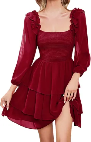Mini Dresses for Women,Tiered Ruffle Chiffon Midi Dress Summer Long Sleeve Smocked Dress,Elegant Square Neck Dress