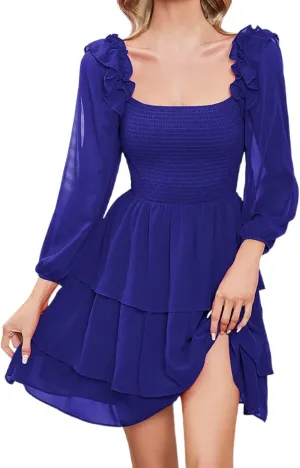 Mini Dresses for Women,Tiered Ruffle Chiffon Midi Dress Summer Long Sleeve Smocked Dress,Elegant Square Neck Dress